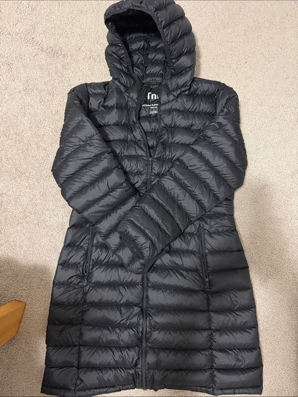 TNA Black Long Hooded Packable Puffer Coat